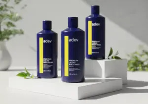 Botol kemasan brand sabun mandi cair dengan desain premium dan logo Adev.