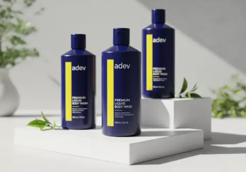 Botol kemasan brand sabun mandi cair dengan desain premium dan logo Adev.