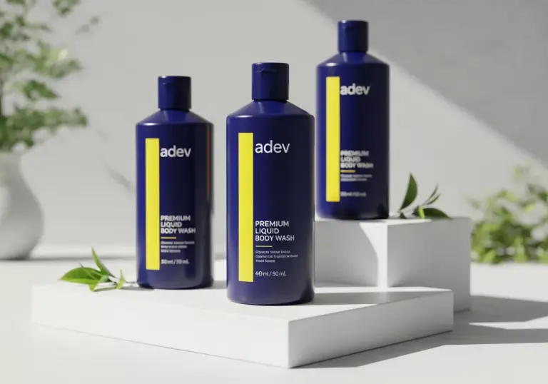 Botol kemasan brand sabun mandi cair dengan desain premium dan logo Adev.