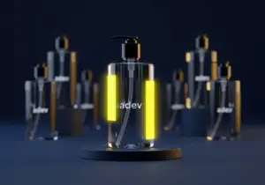 Botol brand sabun premium dengan label adev dikelilingi kompetitor dalam nuansa biru navy dan kuning.