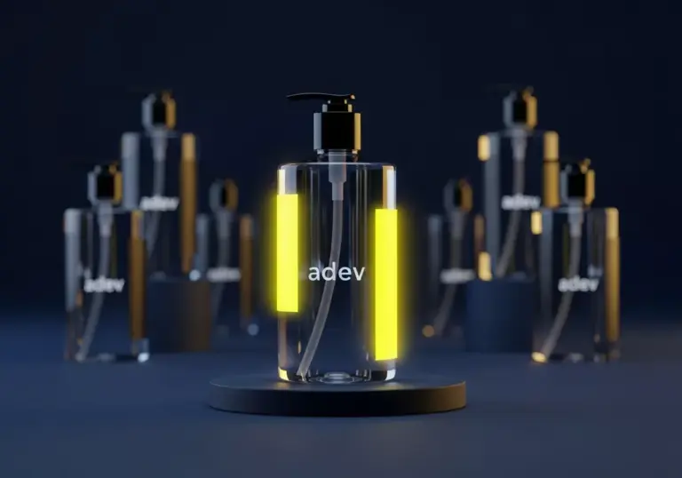 Botol brand sabun premium dengan label adev dikelilingi kompetitor dalam nuansa biru navy dan kuning.
