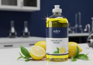 Botol sabun cuci piring premium merek adev dengan bahan alami lemon, representasi cara membuat sabun cuci piring untuk usaha.