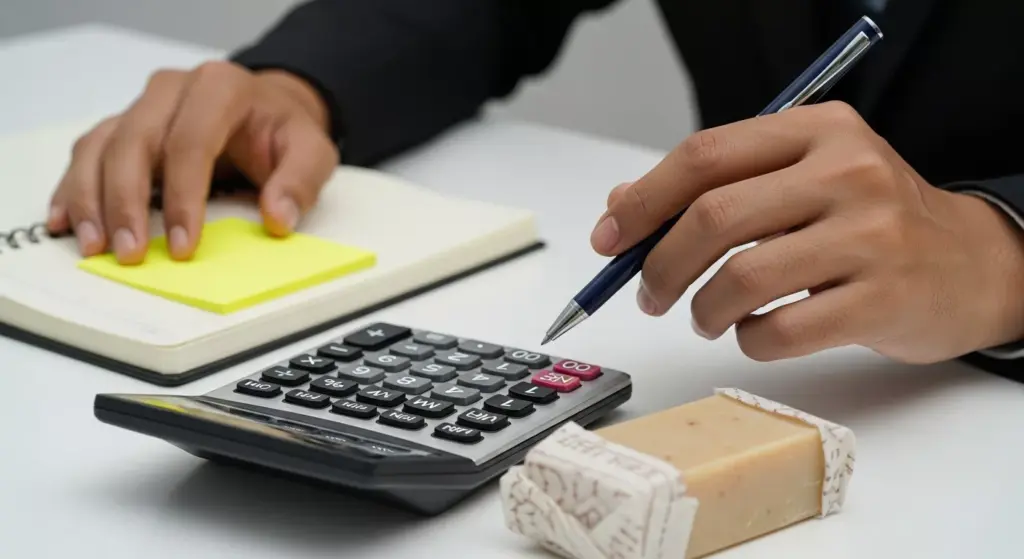 Tangan profesional memegang pulpen di atas kalkulator dan kertas catatan biaya produksi sabun.