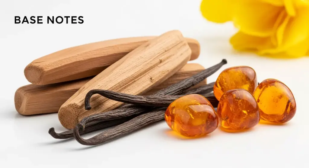 Komposisi bahan baku kayu cendana, vanilla, dan getah amber, merepresentasikan aroma hangat dan tahan lama pada base notes.