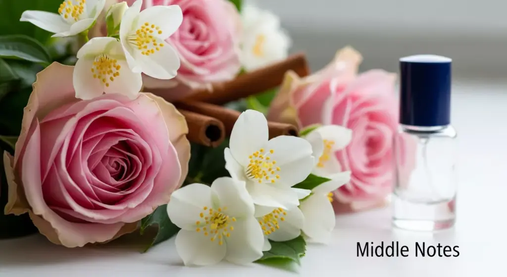 Fotografi makro bunga mawar merah muda dan melati putih, merepresentasikan aroma floral pada middle notes parfum.