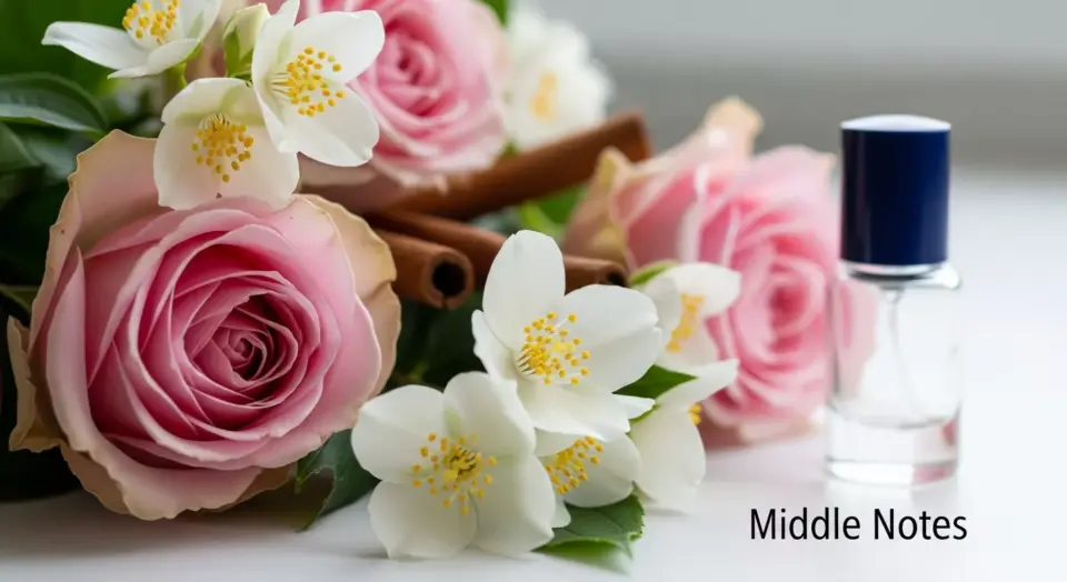 Fotografi makro bunga mawar merah muda dan melati putih, merepresentasikan aroma floral pada middle notes parfum.