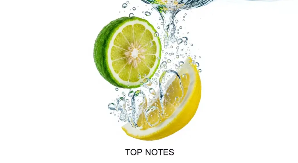 Fotografi makro irisan bergamot dan lemon yang jatuh ke air, merepresentasikan kesegaran aroma top notes.