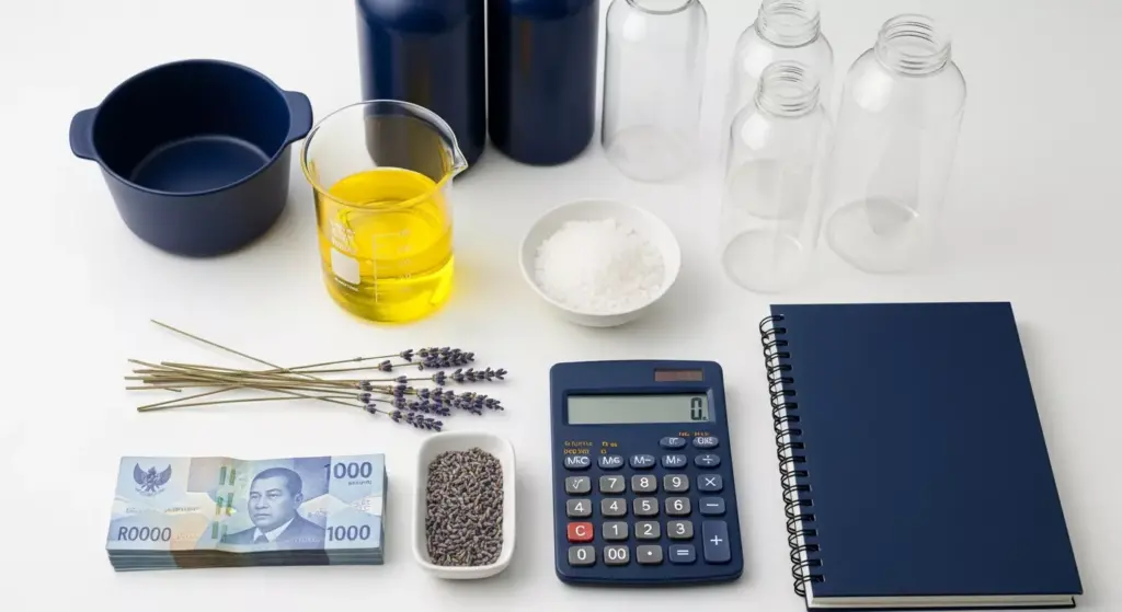 Flat lay bahan baku sabun cair, kalkulator, dan kemasan botol, ilustrasi perhitungan modal bisnis sabun.