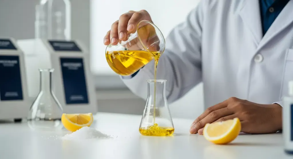 Ilmuwan sedang meracik formulasi bahan baku dalam proses cara membuat sabun cuci piring untuk usaha.