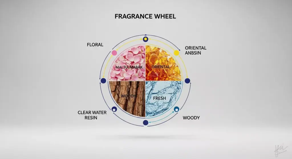 Infografis Roda Aroma (Fragrance Wheel) 3D yang menampilkan empat kategori utama parfum: Floral, Oriental, Woody, dan Fresh dengan aksen warna biru dan kuning khas Adev.