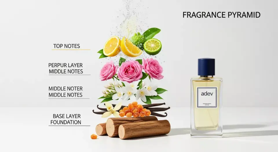 Infografis piramida wangi (fragrance pyramid) yang menampilkan lapisan lemon sebagai top notes, bunga mawar sebagai middle notes, dan kayu cendana sebagai base notes, bersanding dengan botol parfum maklon Adev.