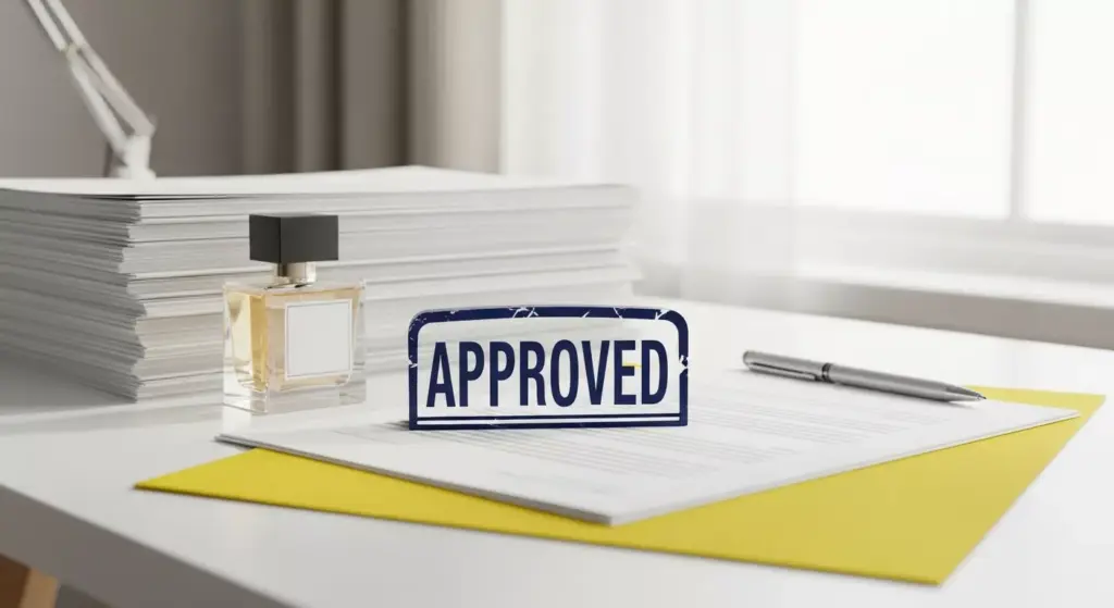 Tumpukan dokumen rapi dengan stempel persetujuan berwarna biru, di samping botol parfum, melambangkan kepatuhan regulasi BPOM.