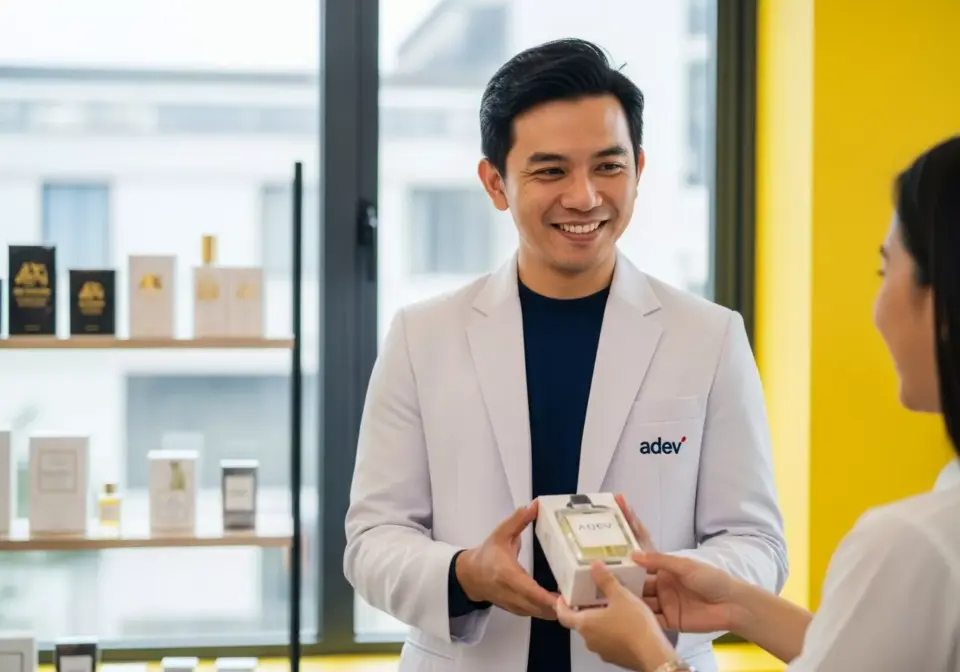 Konsultan ahli Adev sedang menyerahkan produk parfum private label kepada mitra bisnis di kantor modern.