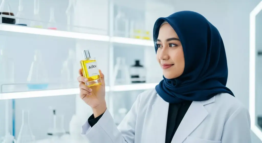 Ilmuwan kosmetik wanita Indonesia mengenakan hijab navy dan jas lab putih sedang memegang botol parfum hasil formulasi di laboratorium modern.