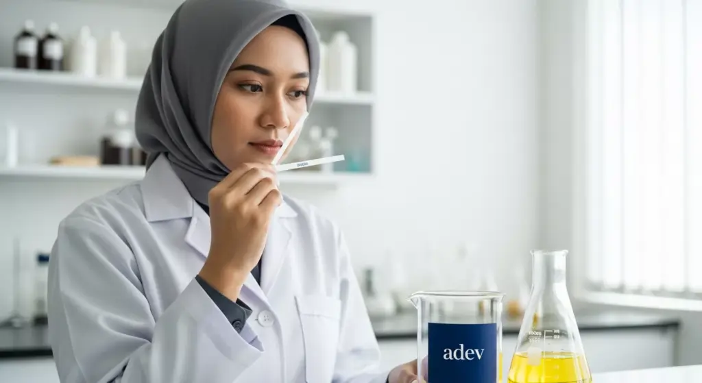 Seorang perfumer ahli di laboratorium Adev sedang mengevaluasi aroma parfum menggunakan kertas tes strip.