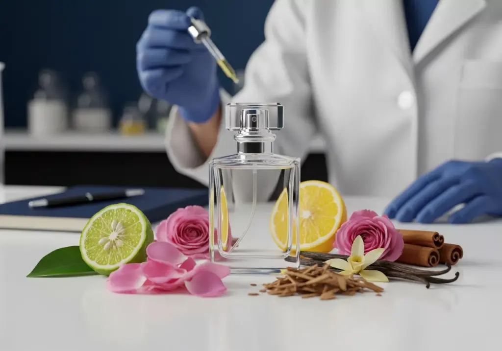 Botol parfum kaca dikelilingi bahan alami seperti mawar, kayu manis, dan jeruk bergamot di laboratorium Adev.
