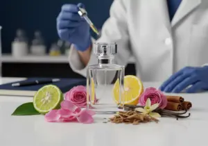 Botol parfum kaca dikelilingi bahan alami seperti mawar, kayu manis, dan jeruk bergamot di laboratorium Adev.