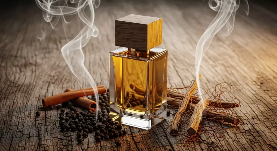 Botol parfum dengan nuansa kayu dan rempah, dikelilingi lada hitam dan kayu manis.