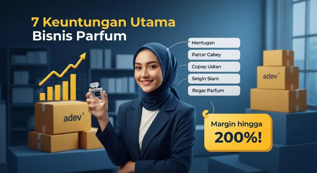 Infografis yang menampilkan pengusaha wanita Indonesia berhijab tersenyum memegang botol parfum, dikelilingi tumpukan paket siap kirim dan grafik keuntungan yang meningkat, dengan teks sorotan margin keuntungan hingga 200 persen.