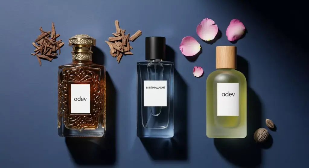 Tiga botol parfum dengan desain berbeda (klasik, minimalis, floral) diatur secara flat lay dengan bahan alami seperti kayu gaharu dan kelopak bunga.