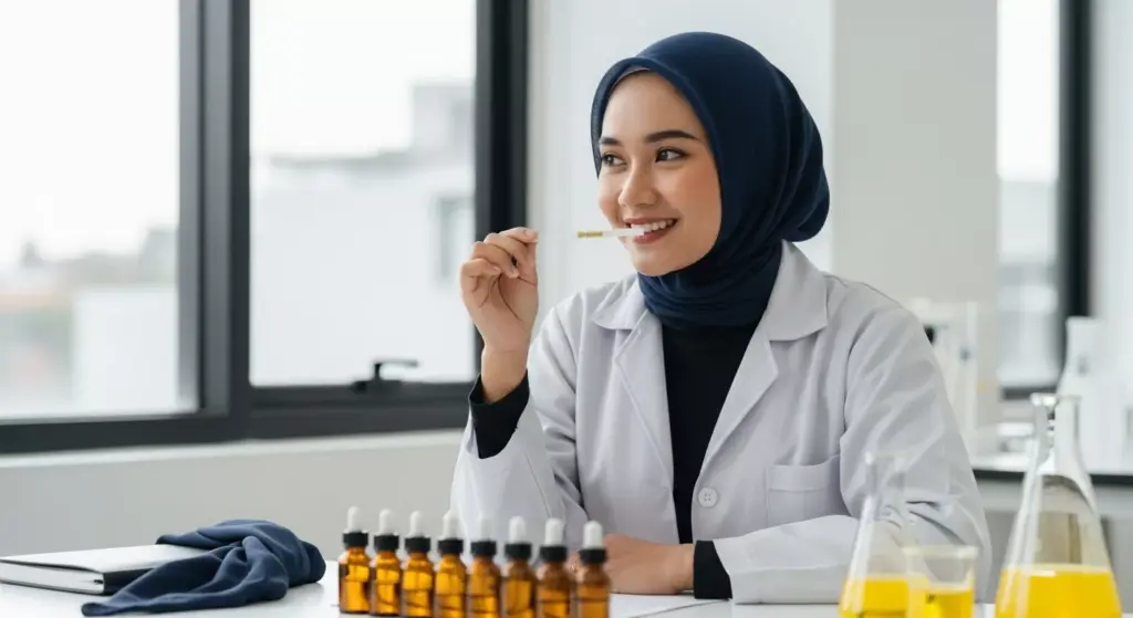 Formulator ahli Adev sedang menguji sampel aroma parfum menggunakan kertas tester di laboratorium.