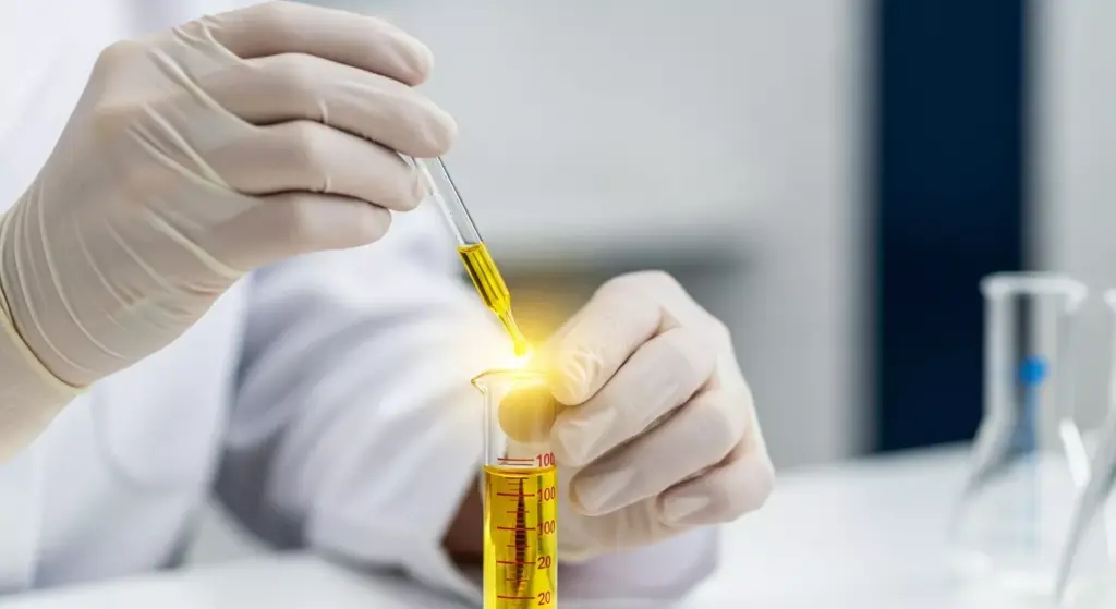 Tangan profesional menggunakan sarung tangan lateks sedang mengukur cairan parfum dengan presisi menggunakan pipet di gelas ukur, latar belakang lab bersih.