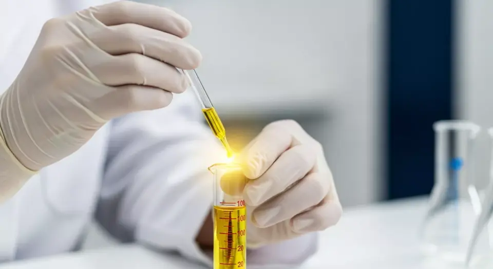 Tangan profesional menggunakan sarung tangan lateks sedang mengukur cairan parfum dengan presisi menggunakan pipet di gelas ukur, latar belakang lab bersih.