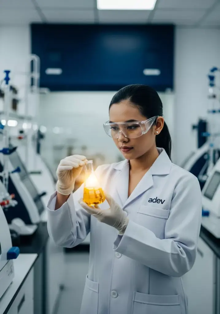 Ilmuwan kosmetik Adev sedang memformulasikan bibit parfum di laboratorium modern dengan peralatan canggih.