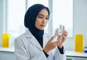 Seorang ahli formulasi kosmetik wanita Indonesia berhijab sedang memeriksa kualitas botol parfum mewah di laboratorium modern yang cerah dengan nuansa biru navy dan kuning.