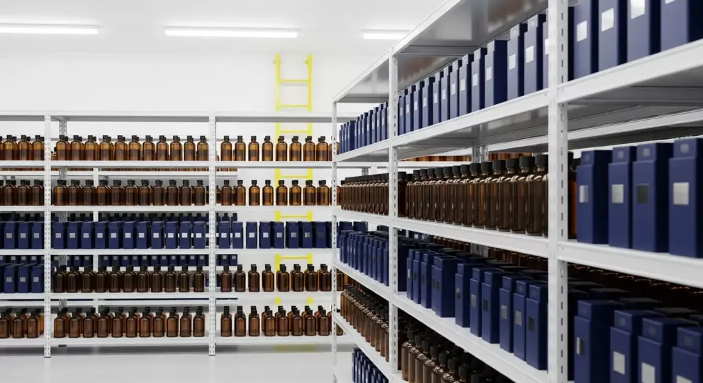 Rak penyimpanan modern yang bersih berisi barisan botol bahan baku parfum yang tertata rapi dengan label yang jelas.