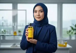 Pengusaha wanita Indonesia memegang produk sabun cair merek sendiri dengan latar belakang kantor modern, ilustrasi bisnis sabun cair sukses.