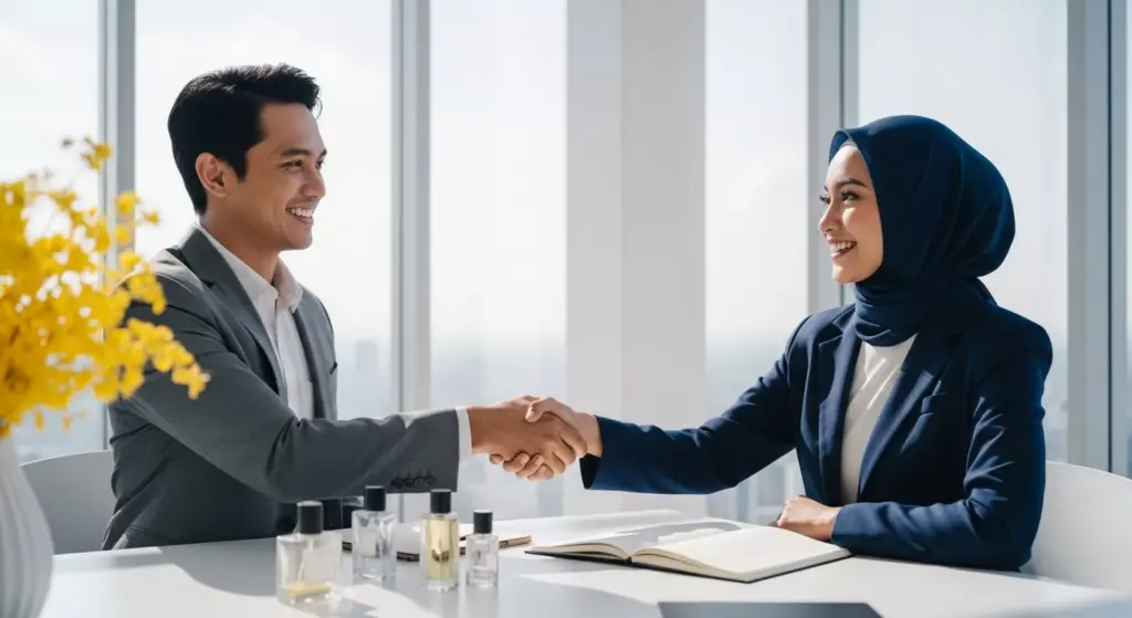 Dua profesional (satu pria, satu wanita berhijab) berjabat tangan di kantor yang cerah, menyepakati kerjasama bisnis yang sukses.