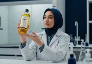 Ilmuwan wanita Indonesia sedang meneliti kualitas sabun cuci piring brand adev di laboratorium modern.
