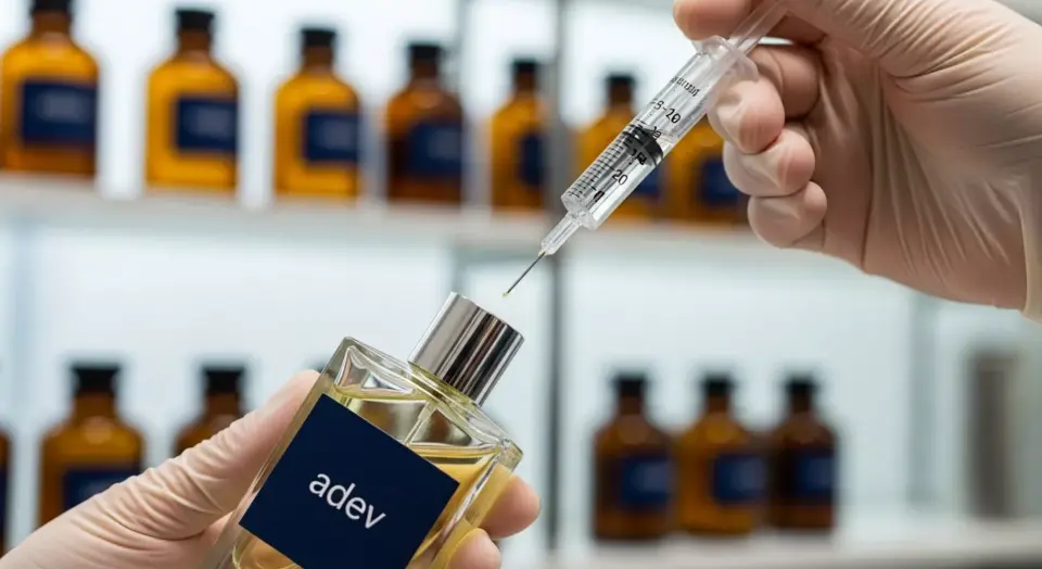 Proses pengisian parfum ke dalam botol menggunakan alat ukur presisi dan suntikan khusus parfum.