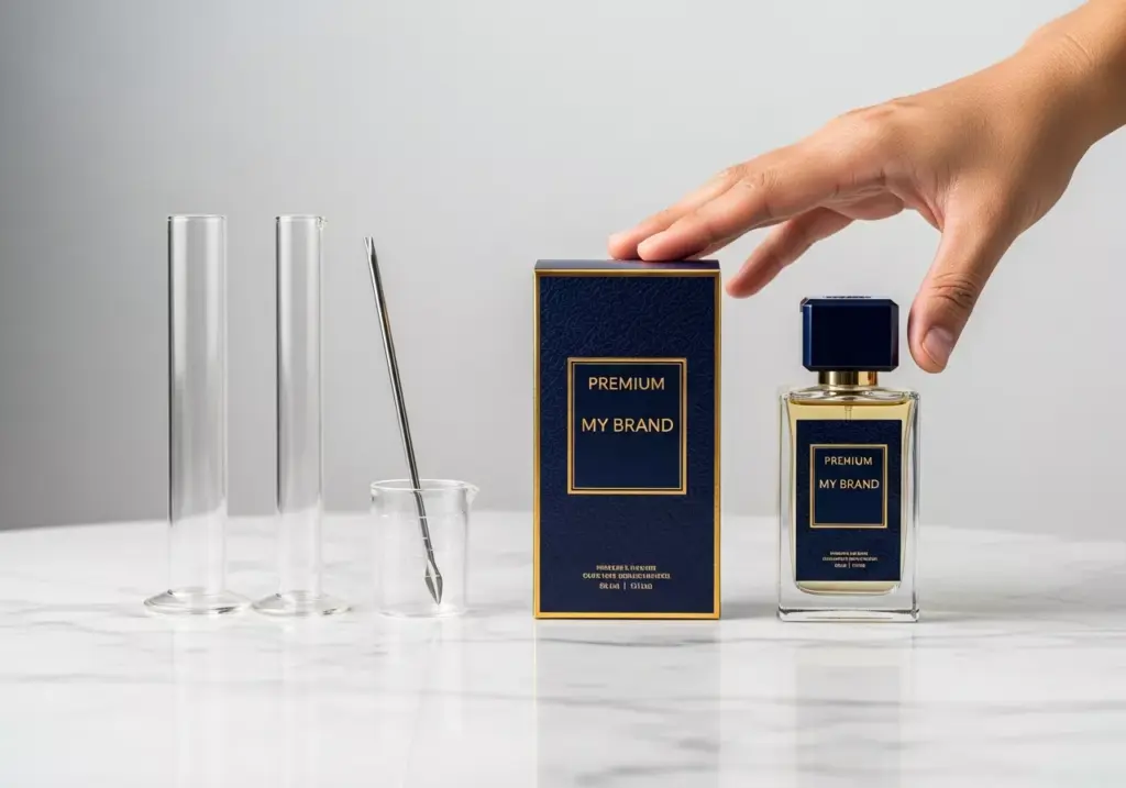 Perbandingan visual antara peralatan parfum refill sederhana dengan produk parfum brand sendiri yang kemasannya mewah dan premium.