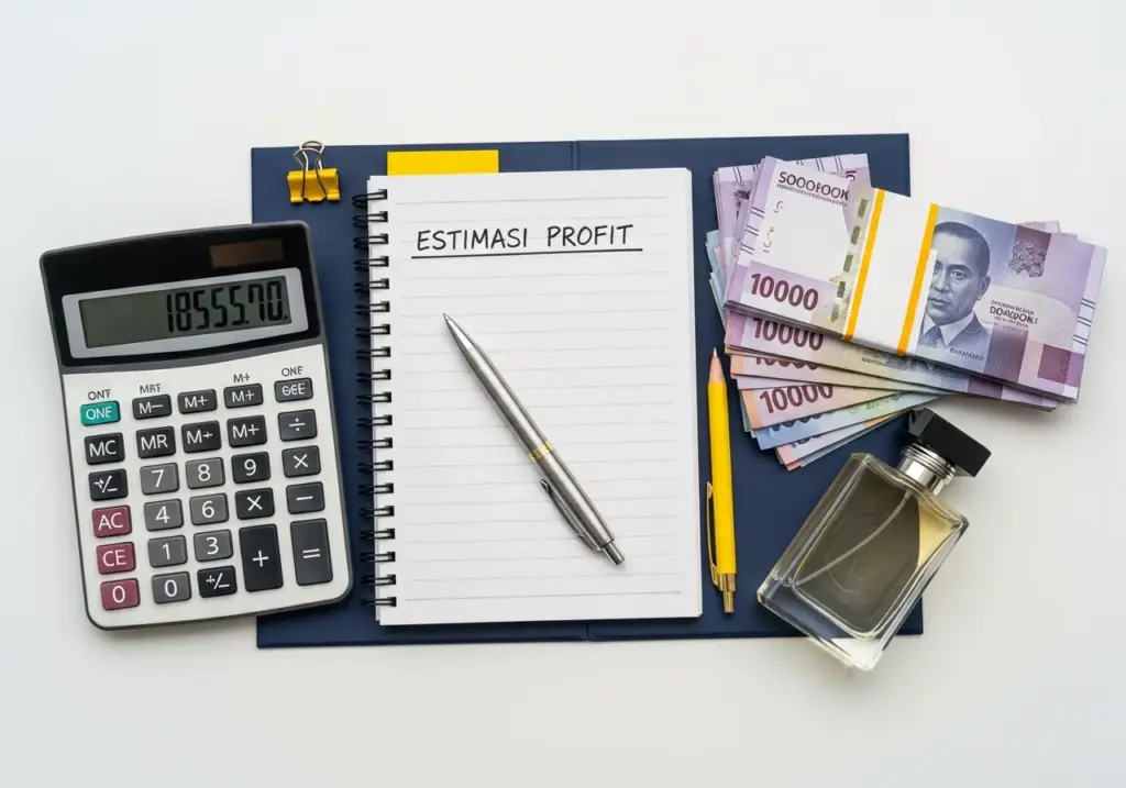 Meja kerja dengan kalkulator, catatan estimasi profit, tumpukan uang, dan botol parfum yang menggambarkan perhitungan keuntungan bisnis.