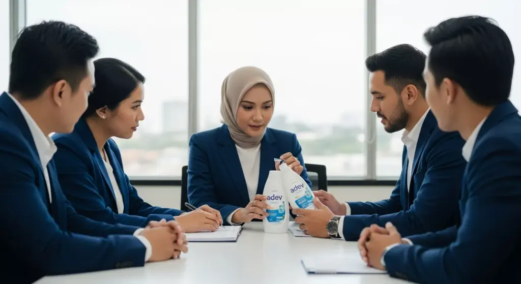 Tim profesional sedang mendiskusikan strategi pasar brand sabun cuci piring adev.