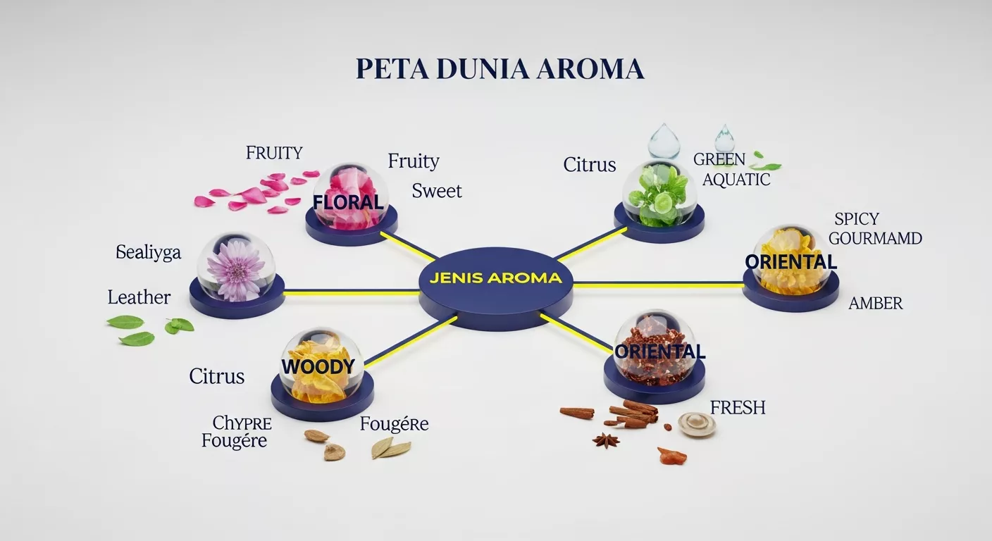 Infografis peta dunia aroma parfum 3D yang menampilkan hubungan antara kategori utama Floral, Woody, Oriental, Fresh dengan sub-kategori seperti Citrus, Gourmand, dan Leather.