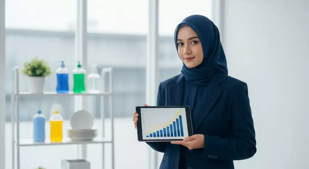 Pengusaha wanita Indonesia menganalisis grafik keuntungan cara membuat sabun cuci piring untuk usaha.