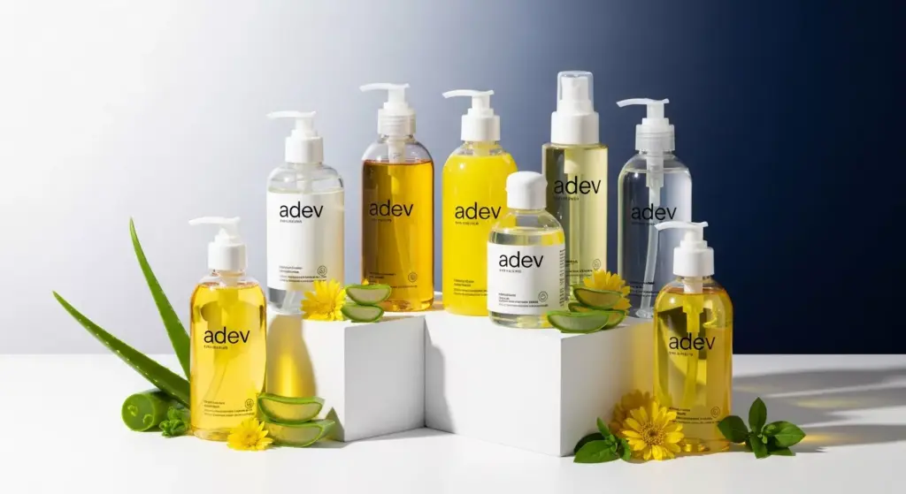 Jajaran botol produk sabun cair dengan bahan alami, menggambarkan tren pasar sabun cair yang meningkat.
