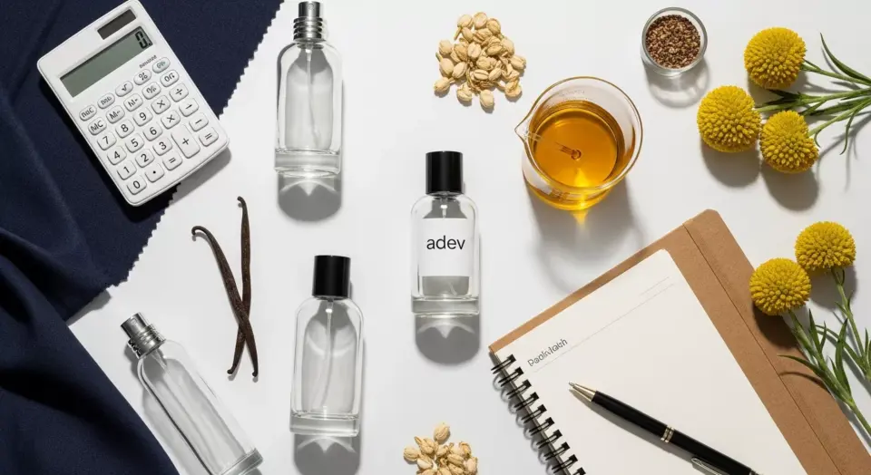 Flat lay komponen modal usaha parfum termasuk botol kaca, bibit parfum, kalkulator, dan peralatan racik.