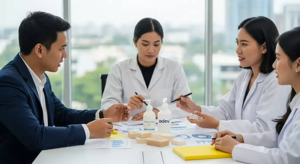Tim R&D dan brand owner sedang berdiskusi di kantor modern melihat sampel sabun, merencanakan strategi bahan aktif sabun.