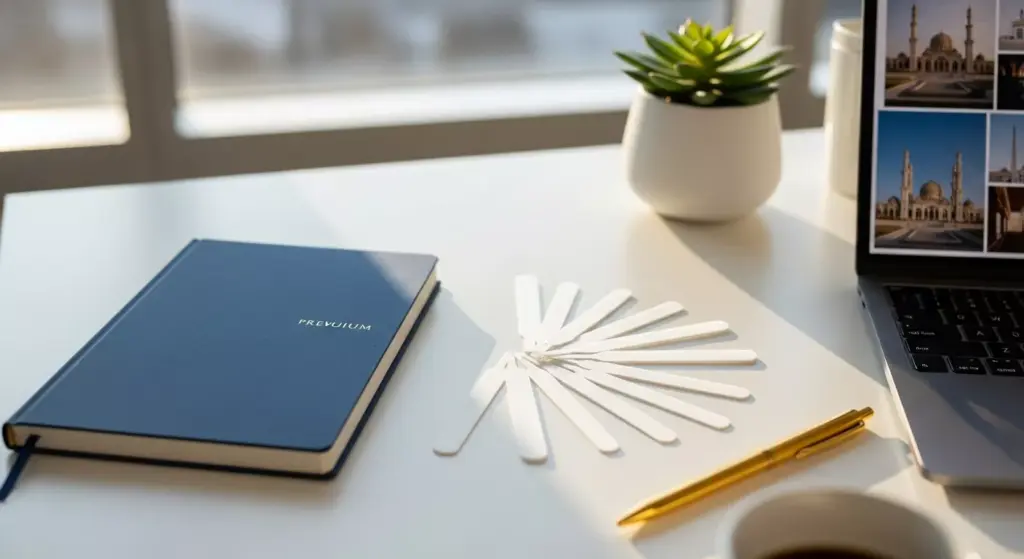 Buku catatan biru navy dengan pena emas di atas meja kerja putih, di sebelah tester kertas parfum dan laptop.