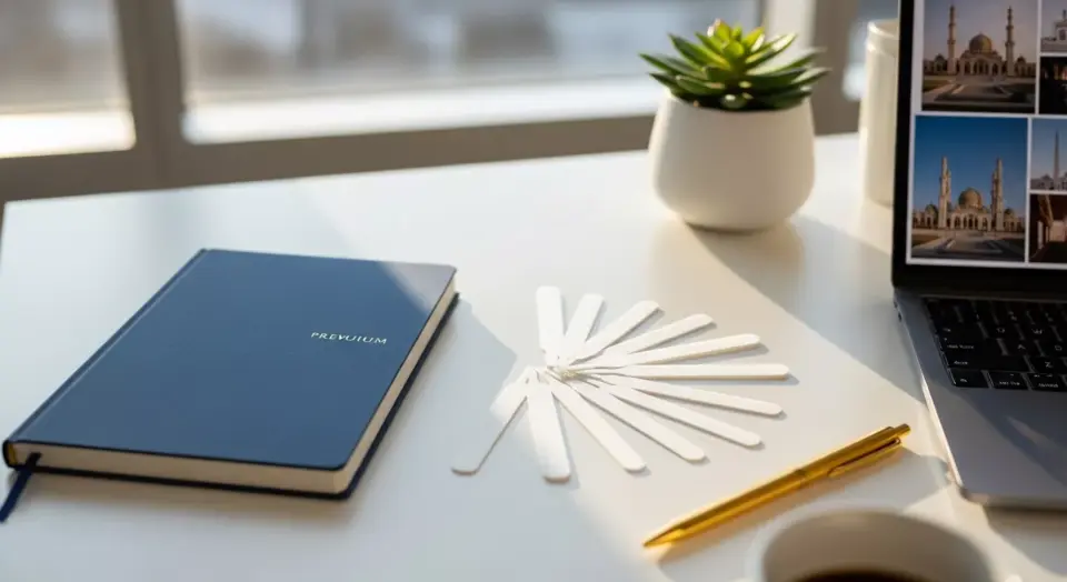 Buku catatan biru navy dengan pena emas di atas meja kerja putih, di sebelah tester kertas parfum dan laptop.