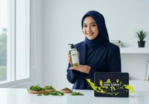 Wanita pengusaha muslimah Indonesia mengenakan hijab biru navy memegang produk sabun cair Adev di kantor modern, dengan latar belakang peta distribusi agen dan bahan alami, merepresentasikan strategi sukses mengelola agen sabun.