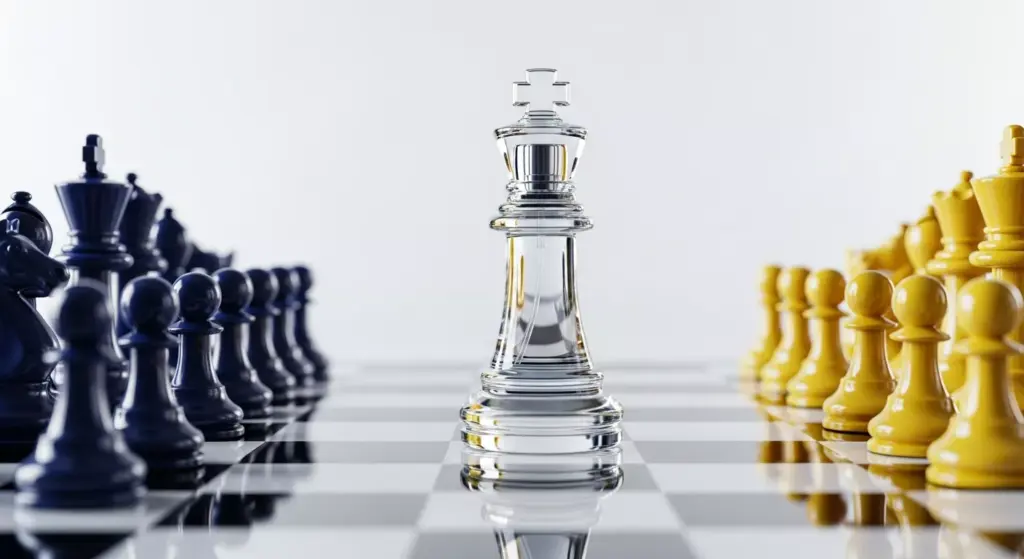 Sebuah botol parfum elegan berdiri di atas papan catur, dikelilingi oleh bidak catur berwarna biru navy dan kuning, melambangkan strategi bisnis.