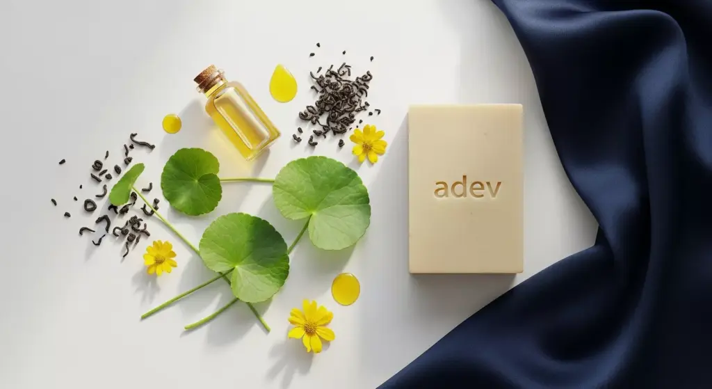 Komposisi artistik bahan aktif sabun alami seperti daun pegagan, teh hijau, dan minyak esensial di atas meja putih bersih.