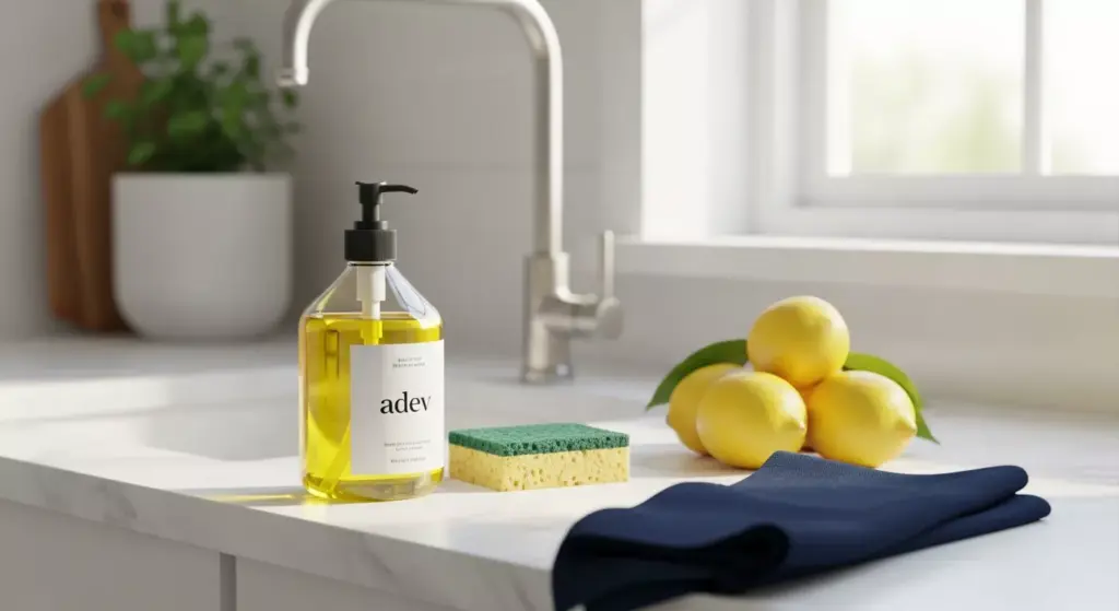 Botol sabun cuci piring pump brand adev di wastafel dapur modern dengan aksen lemon segar.
