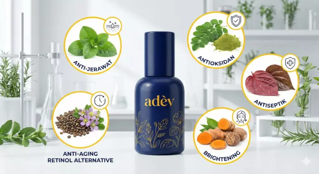 Infografis 5 bahan herbal untuk kosmetik di Adev: binahong, kelor, sirih, kunyit, bakuchiol untuk skincare anti-aging jerawat.