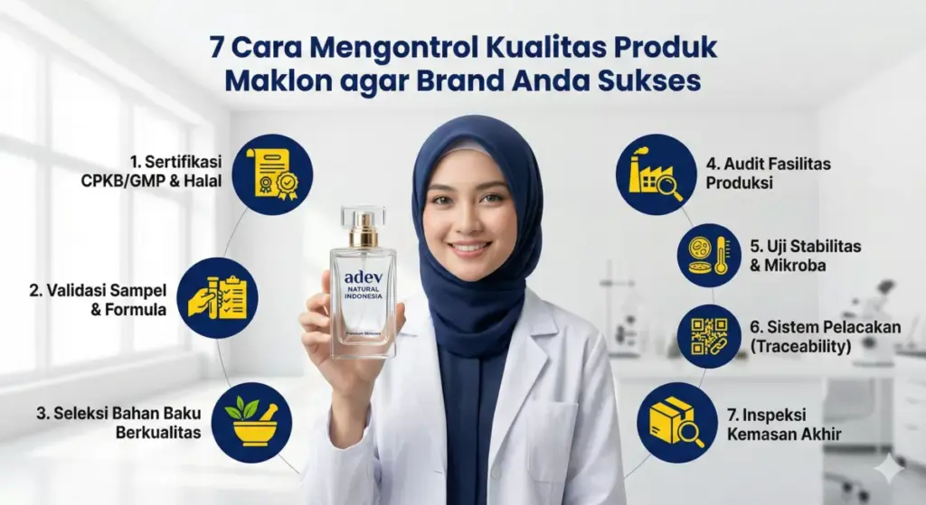 Infografis 7 cara mengontrol kualitas produk maklon kosmetik PT Adev untuk sukses brand